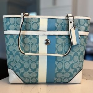 COACH Vintage Signature Light Blue Heritage Stripe Tote Hand Bag Leather